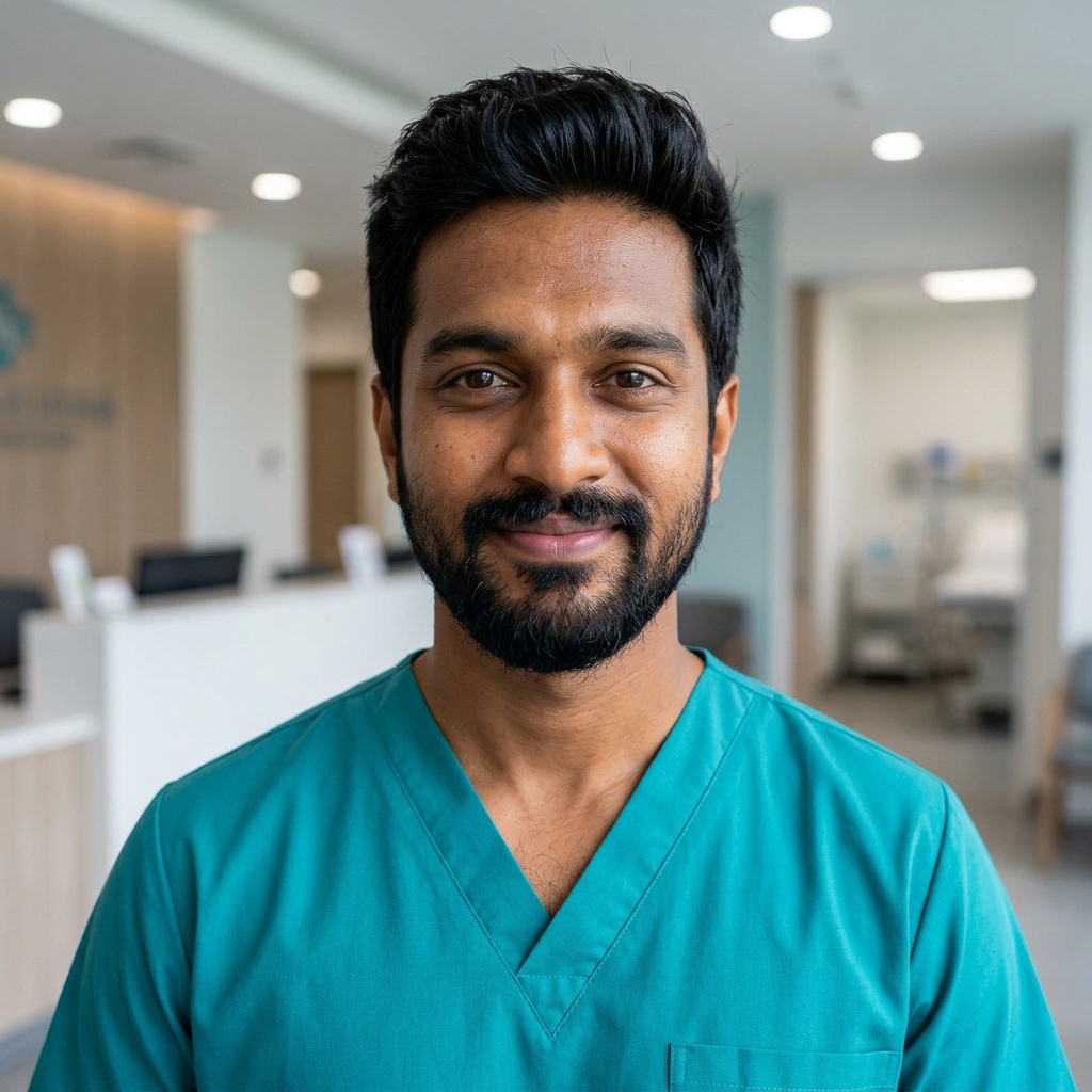 Blue Clinic · Coat & Scrubs headshot example