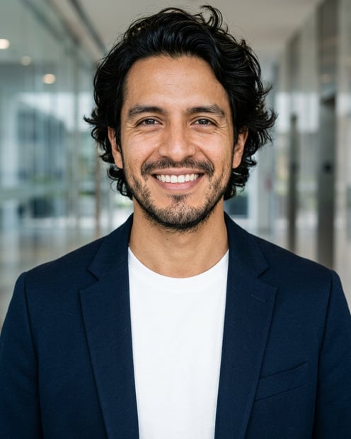 Lobby · Open navy blazer over simple white tee headshot example