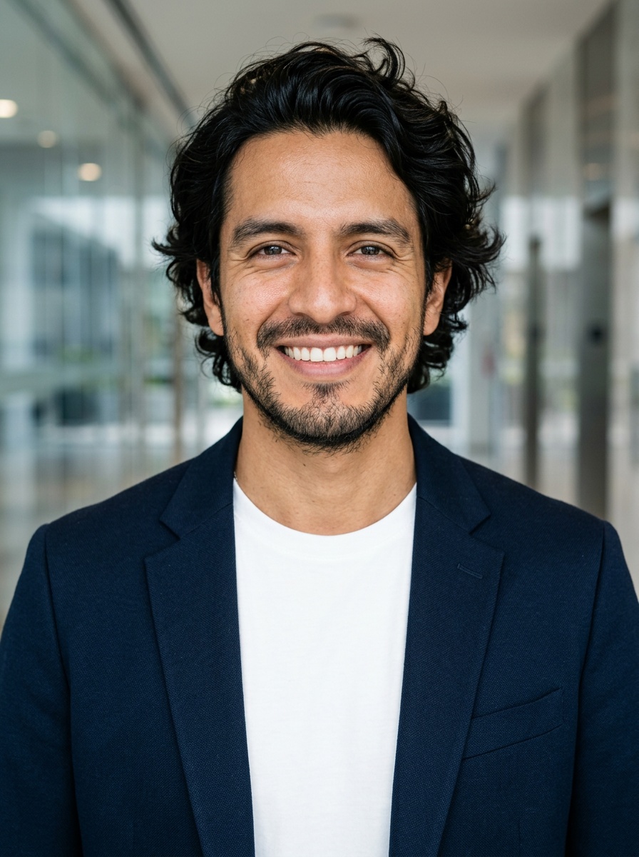 Professional AI LinkedIn headshot in Open navy blazer over simple white tee (tech-casual) on Lobby (corporate lobby)