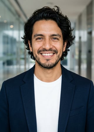 Professional AI LinkedIn headshot in Open navy blazer over simple white tee (tech-casual) on Lobby (corporate lobby)