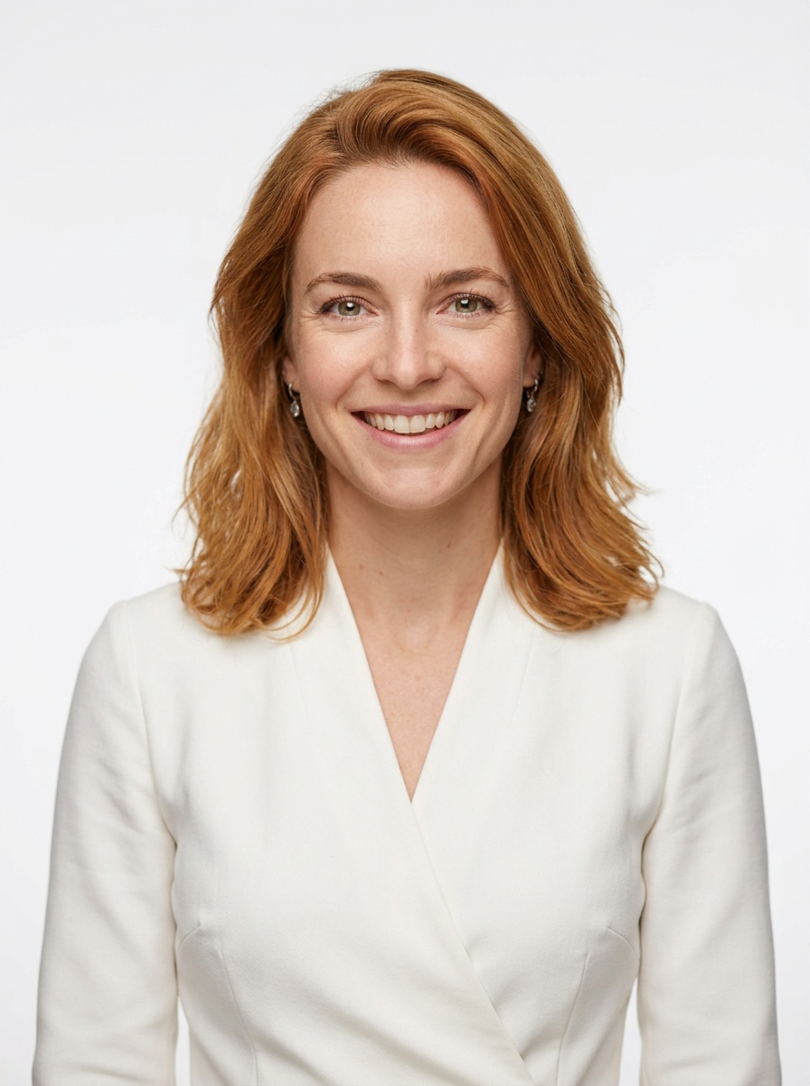 Professional AI LinkedIn headshot in White wrap dress on White / Pure White Studio