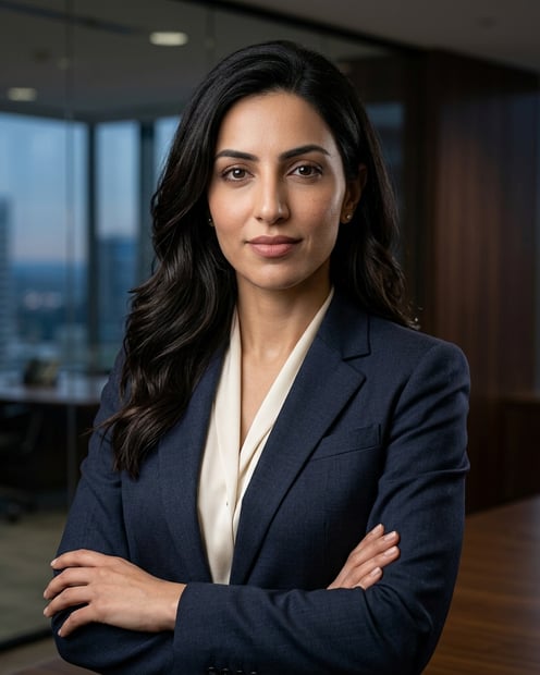 Executive Boardroom · Navy Suit headshot example