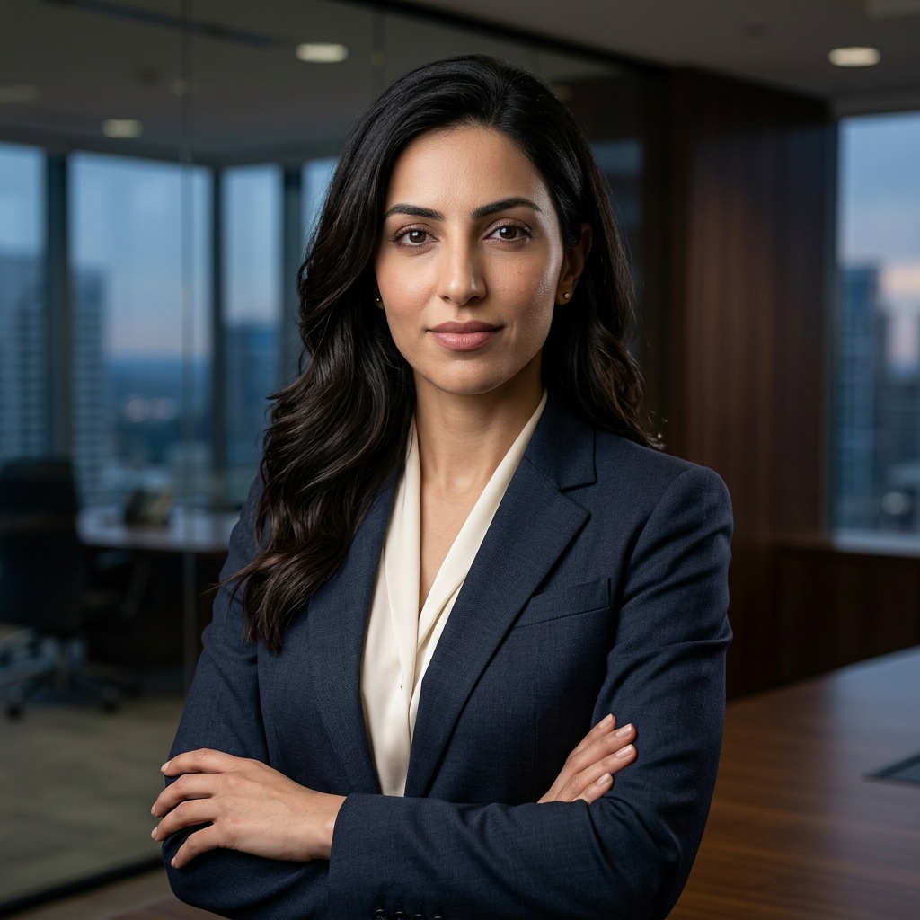 Executive Boardroom · Navy Suit headshot example