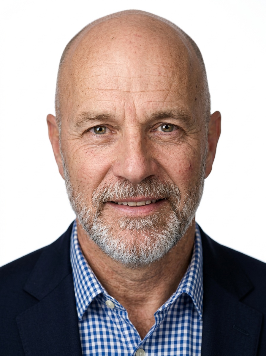 Professional AI LinkedIn headshot in Blue and white checked button-up on White / Pure White Studio