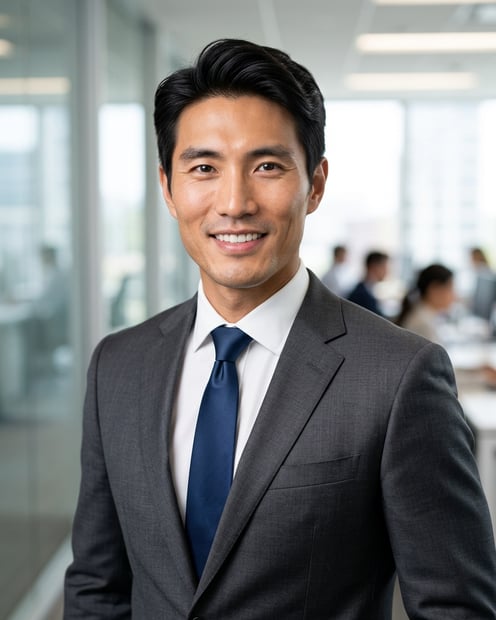 Office / Modern Office Workspace · Navy tailored suit headshot example