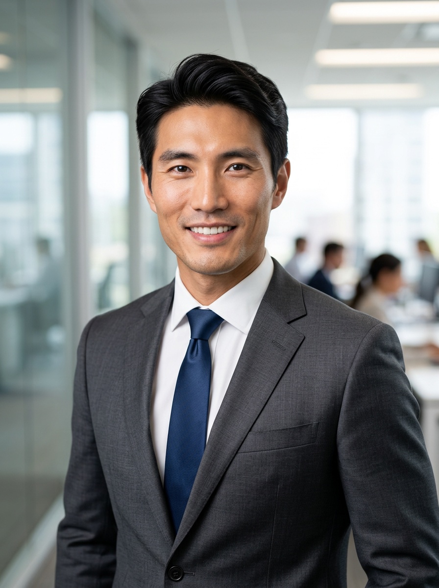 Professional AI LinkedIn headshot in Navy tailored suit on Office / Modern Office Workspace