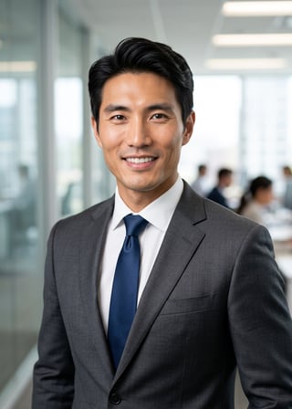 Professional AI LinkedIn headshot in Navy tailored suit on Office / Modern Office Workspace