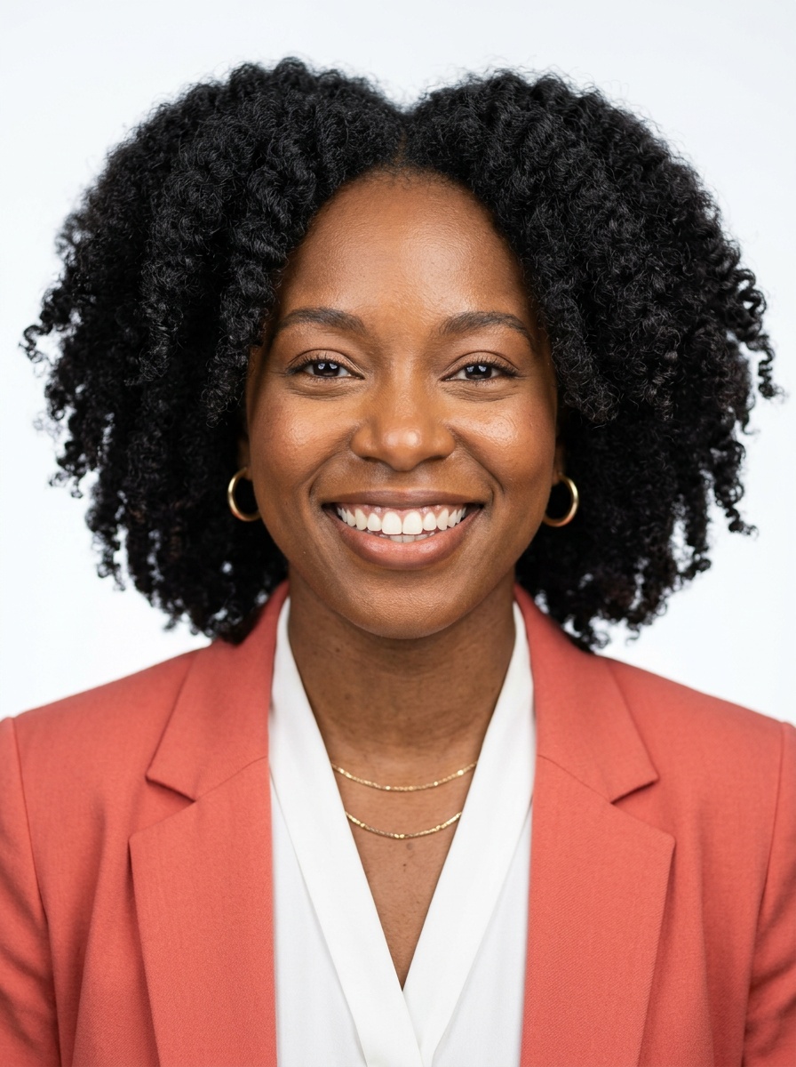 Professional AI LinkedIn headshot in Coral blazer over white blouse on White / Pure White Studio