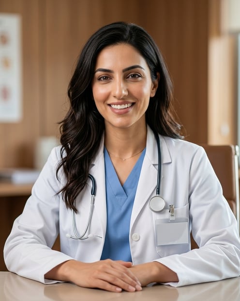 Warm Consultation Room · White Coat over Scrubs headshot example