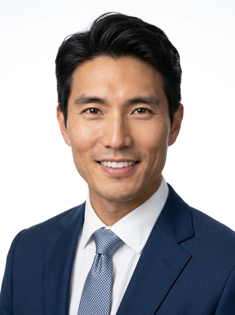 Professional AI LinkedIn headshot in Dark blue tailored suit on White / Pure White Studio