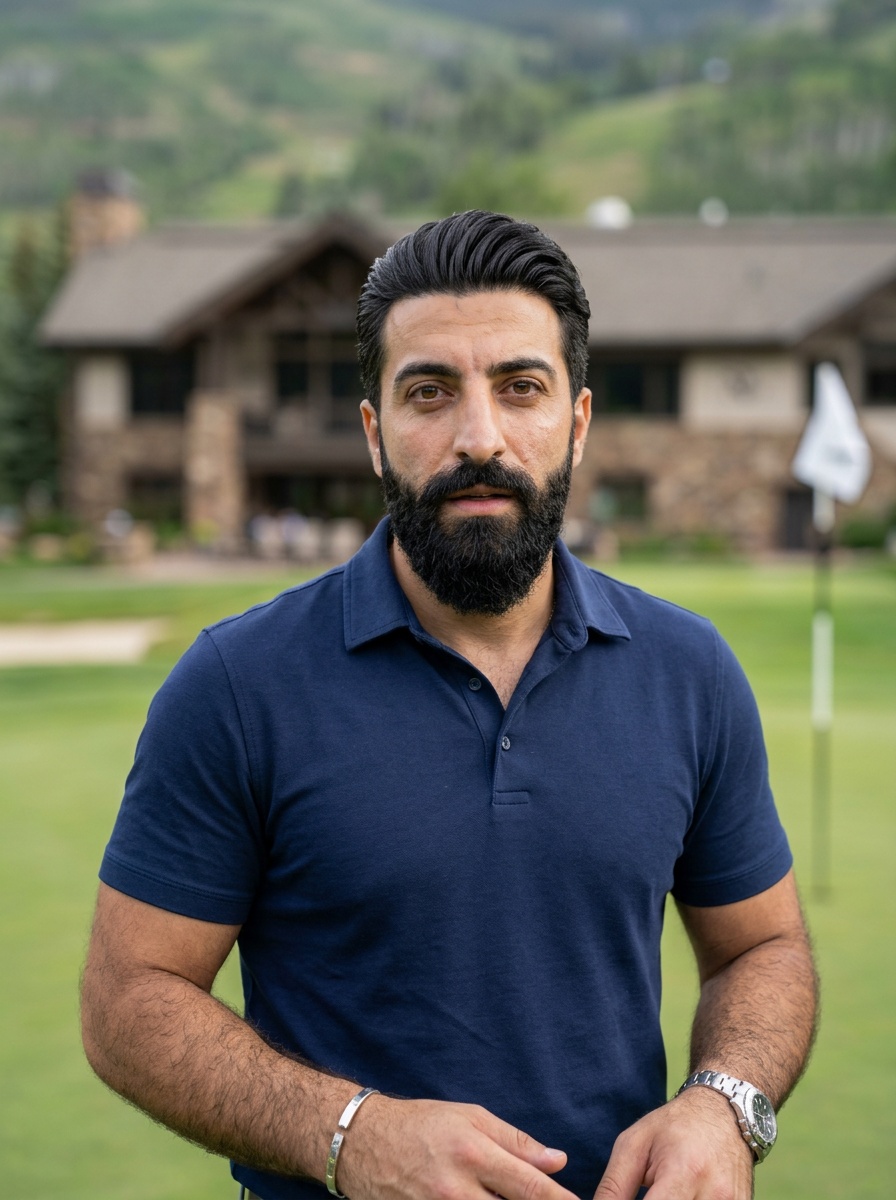 Professional AI LinkedIn headshot in Golf Attire on High End Mountain Golf Course By Clubhouse