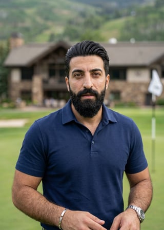 Professional AI LinkedIn headshot in Golf Attire on High End Mountain Golf Course By Clubhouse