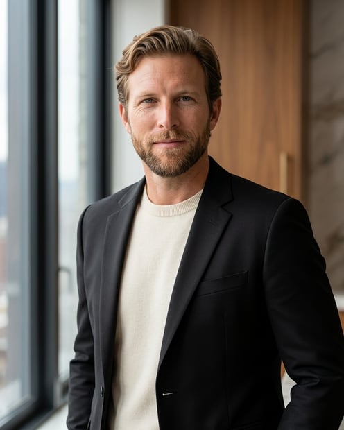 Penthouse City Window · Black Blazer Tonal headshot example