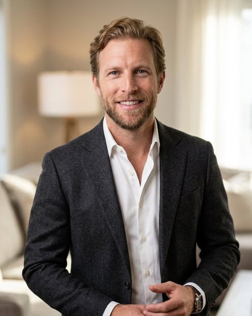 Staged Luxury Living Room · Open-Collar Blazer headshot example