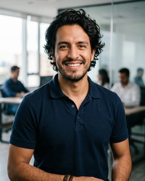 Office / Modern Office Workspace · Navy blue short-sleeve polo headshot example
