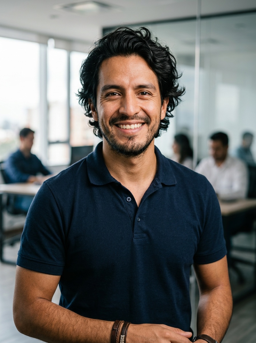 Professional AI LinkedIn headshot in Navy blue short-sleeve polo on Office / Modern Office Workspace
