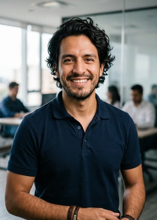 Professional AI LinkedIn headshot in Navy blue short-sleeve polo on Office / Modern Office Workspace