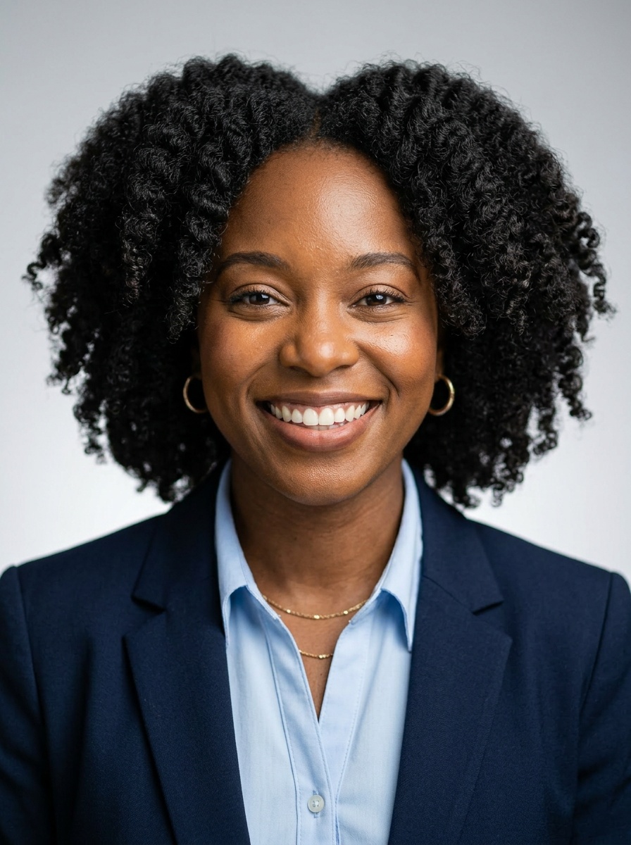 Professional AI LinkedIn headshot in Navy blazer with light blue shirt on Neutral Gradient / Light Grey