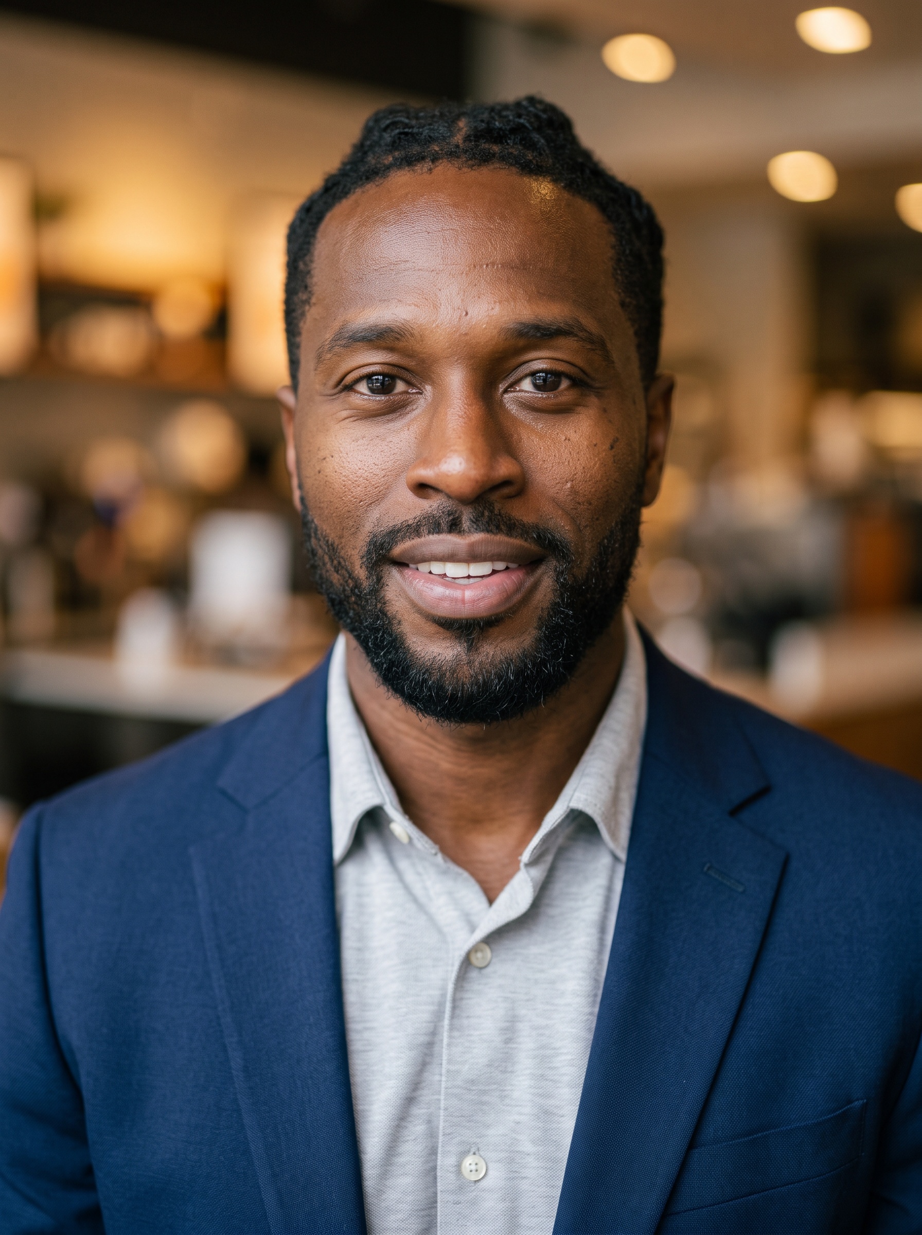Warm Cafe · Navy Blazer headshot example