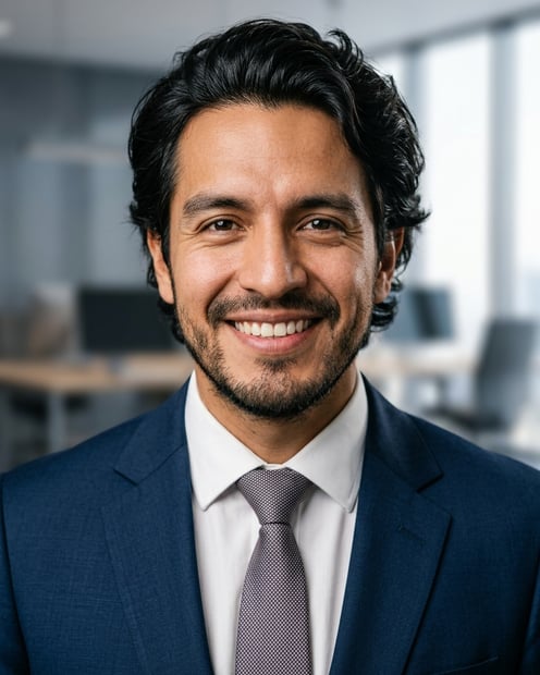Office / Modern Office Workspace · Dark blue tailored suit headshot example