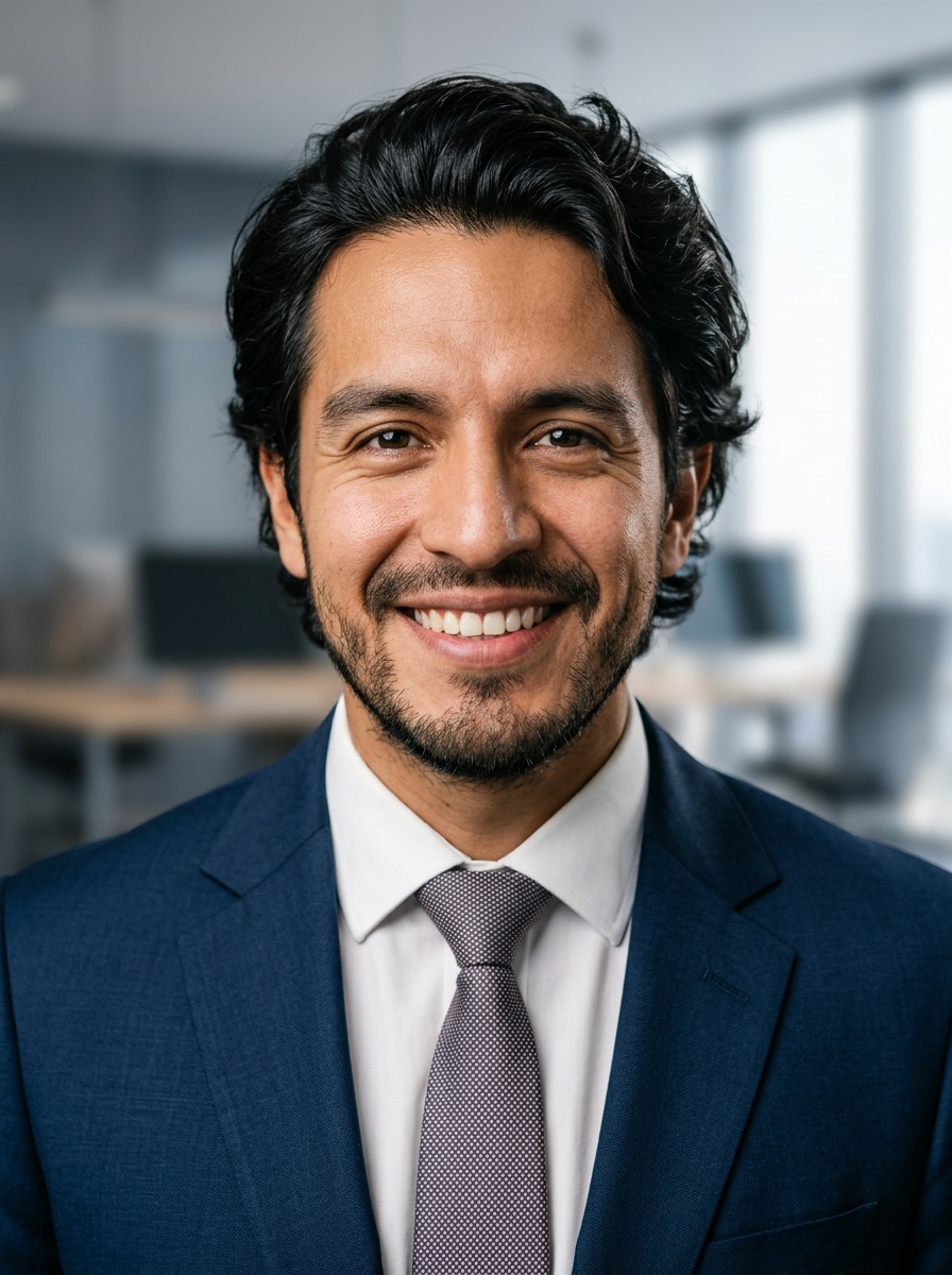 Professional AI LinkedIn headshot in Dark blue tailored suit on Office / Modern Office Workspace
