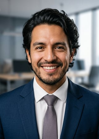 Professional AI LinkedIn headshot in Dark blue tailored suit on Office / Modern Office Workspace