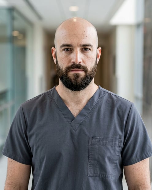 Glass Hospital Corridor · Emergency Medicine Scrubs headshot example