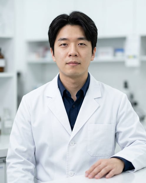 Clean Hospital Pharmacy · Hospital Pharmacist White Coat headshot example