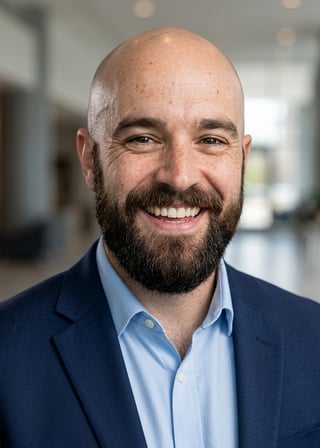 Professional AI LinkedIn headshot in Navy blazer with light blue shirt on Lobby (corporate lobby)