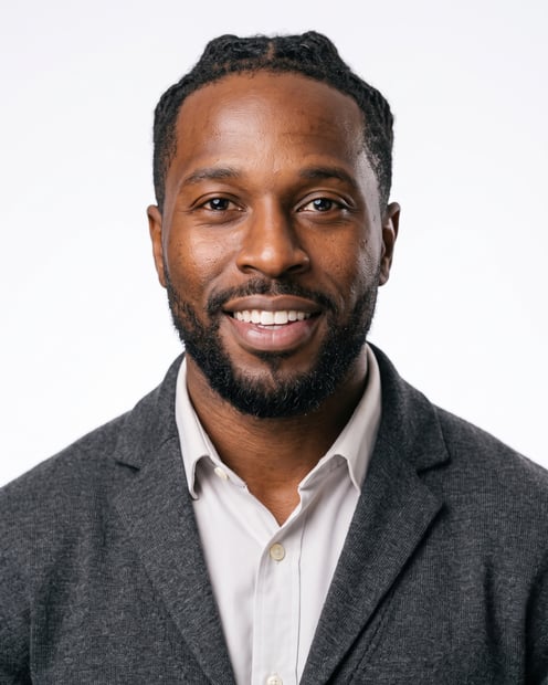 White Studio · Gray Cardigan headshot example