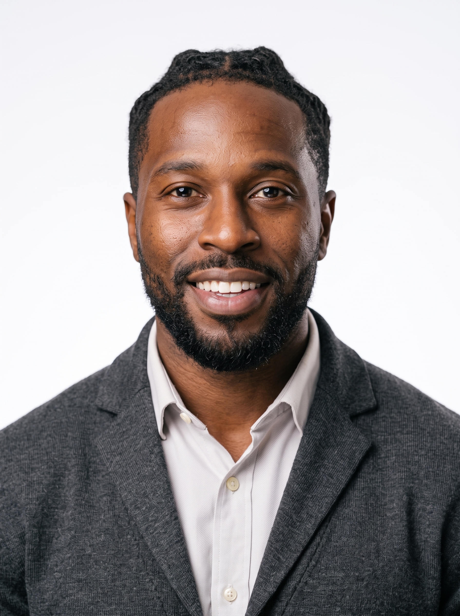 White Studio · Gray Cardigan headshot example