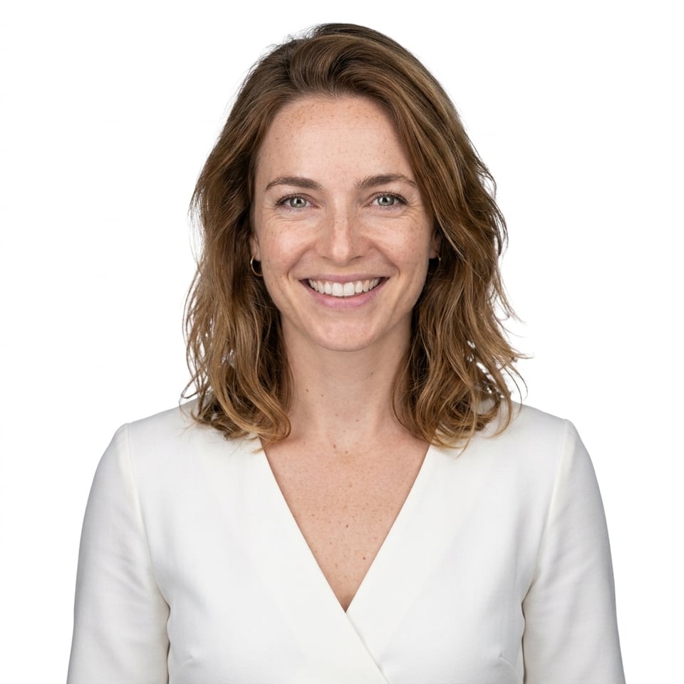 Professional AI LinkedIn headshot in White wrap dress on White / Pure White Studio