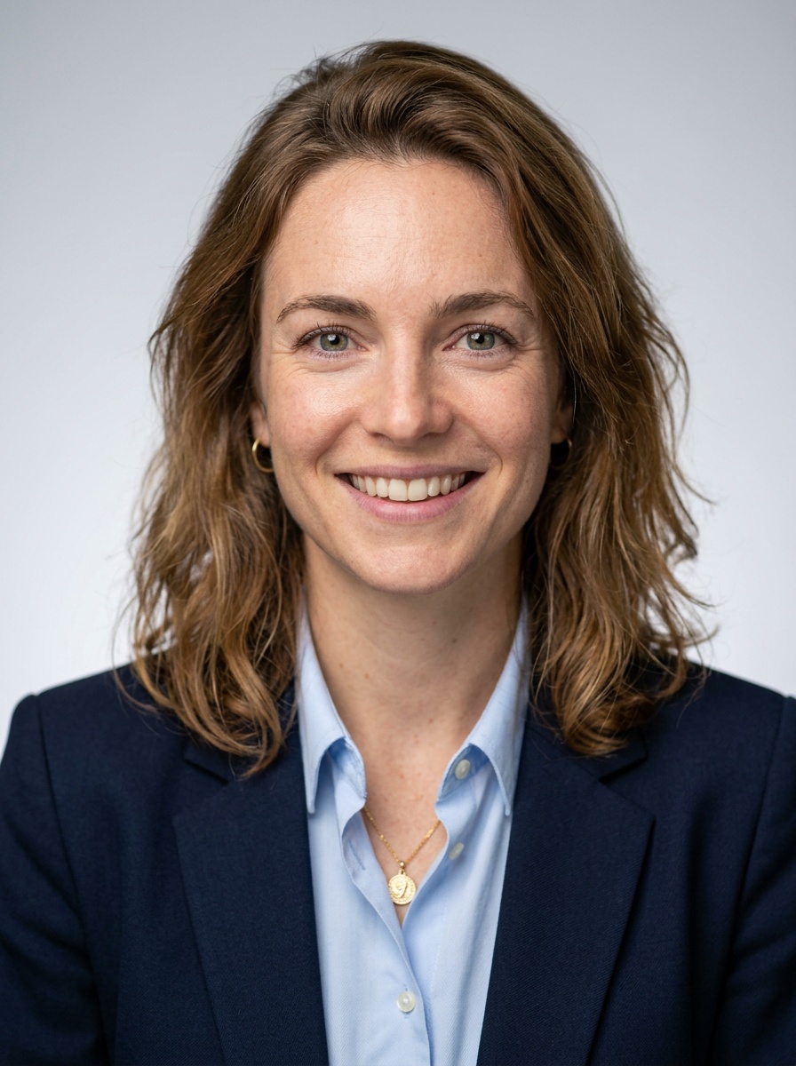 Professional AI LinkedIn headshot in Navy blazer with light blue shirt on Neutral Gradient / Light Grey
