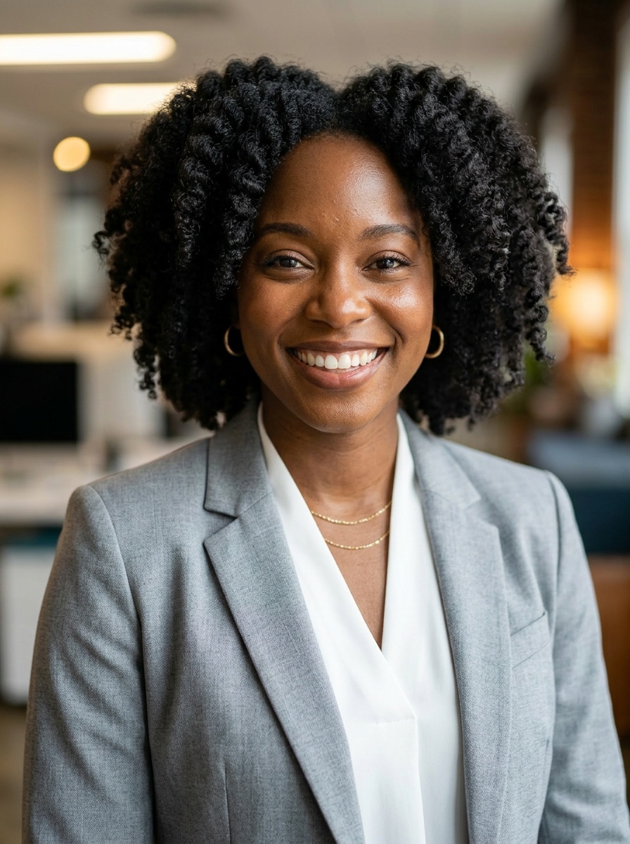 Professional AI LinkedIn headshot in Light gray suit ensemble on Office Workspace (variant)