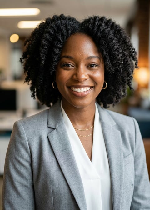 Professional AI LinkedIn headshot in Light gray suit ensemble on Office Workspace (variant)