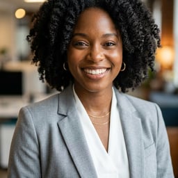 Professional AI LinkedIn headshot in Light gray suit ensemble on Office Workspace (variant)
