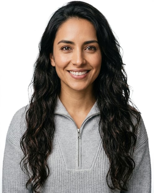 White / Pure White Studio · Light gray ribbed half-zip sweater headshot example