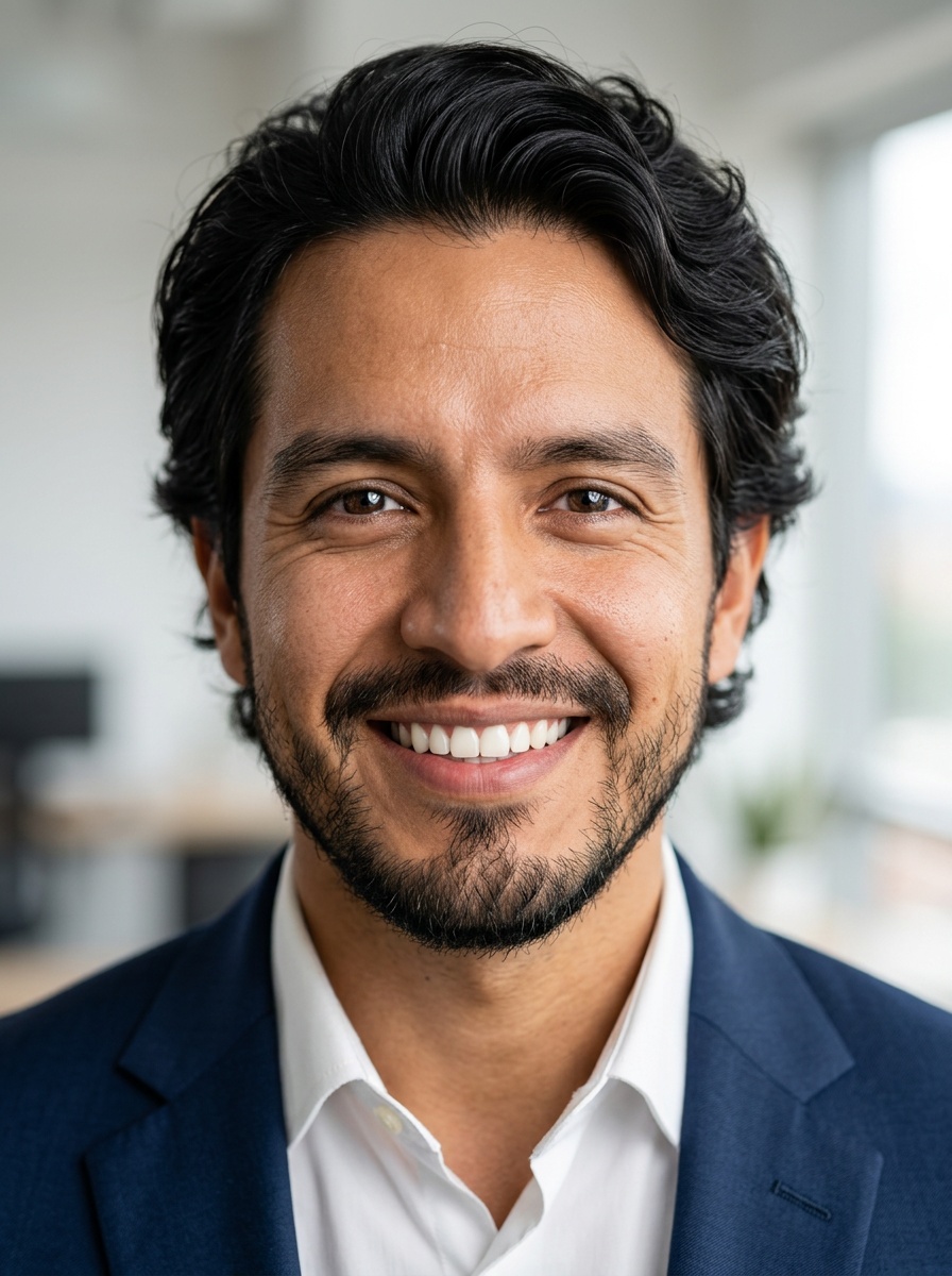 Professional AI LinkedIn headshot in Navy tailored suit on Office / Modern Office Workspace