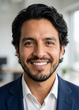 Professional AI LinkedIn headshot in Navy tailored suit on Office / Modern Office Workspace