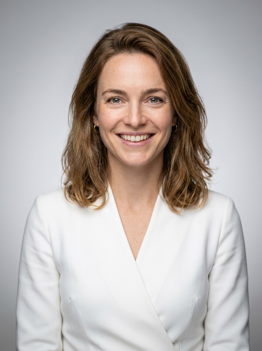 Professional AI LinkedIn headshot in White wrap dress on Neutral Gradient / Light Grey