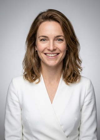 Professional AI LinkedIn headshot in White wrap dress on Neutral Gradient / Light Grey