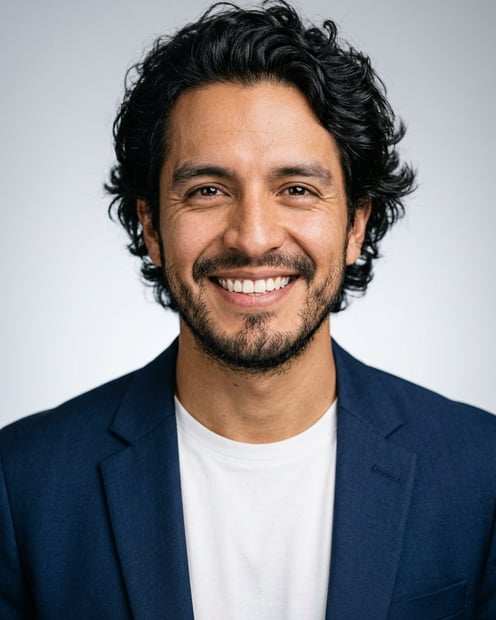 Neutral Gradient / Light Grey · Open navy blazer over simple white tee headshot example