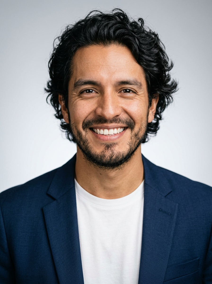 Professional AI LinkedIn headshot in Open navy blazer over simple white tee (tech-casual) on Neutral Gradient / Light Grey