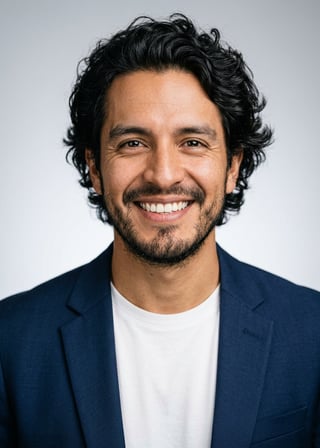 Professional AI LinkedIn headshot in Open navy blazer over simple white tee (tech-casual) on Neutral Gradient / Light Grey