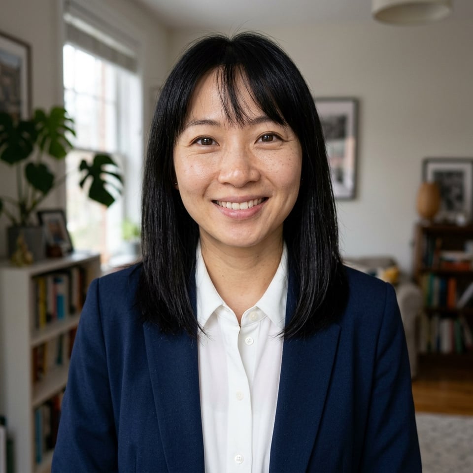 Professional AI LinkedIn headshot in Navy Blazer, Coral Blouse on White / Pure White Studio