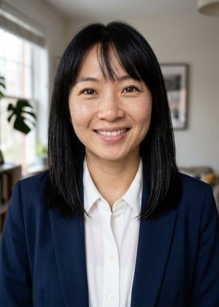 Professional AI LinkedIn headshot in Navy Blazer, Coral Blouse on White / Pure White Studio