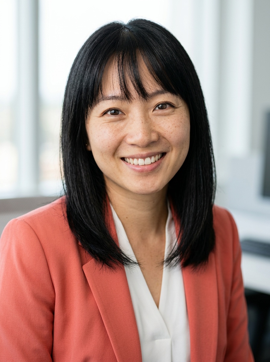 Professional AI LinkedIn headshot in Coral blazer over white blouse on Office / Modern Office Workspace