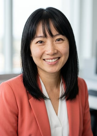 Professional AI LinkedIn headshot in Coral blazer over white blouse on Office / Modern Office Workspace