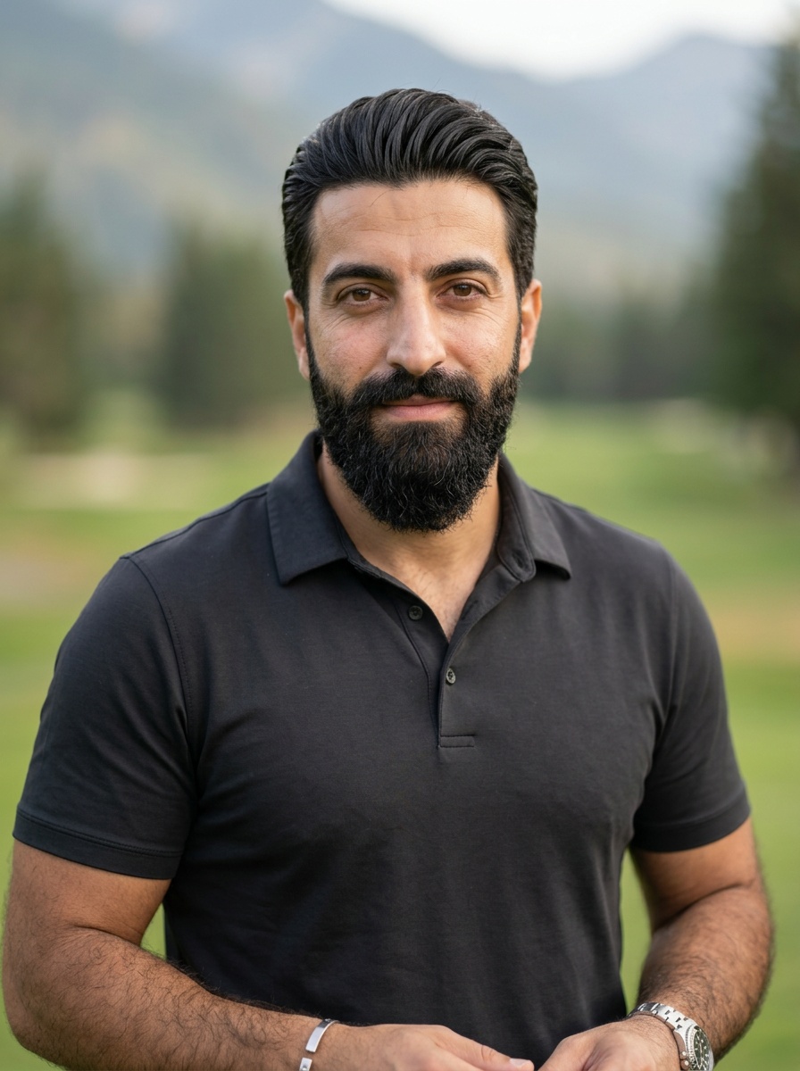 Professional AI LinkedIn headshot in Golf Attire on High End Mountain Golf Course