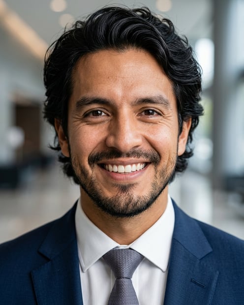 Lobby · Navy tailored suit headshot example